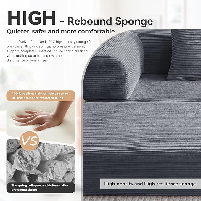 79'' Upgrade High Backrest Sofa Bed with Fixed Frame Removable Armrests &amp Backrest Corduroy Fabric Convertible Couch for Small Spaces No Assembly Needed (High Backrest Dark Gray)