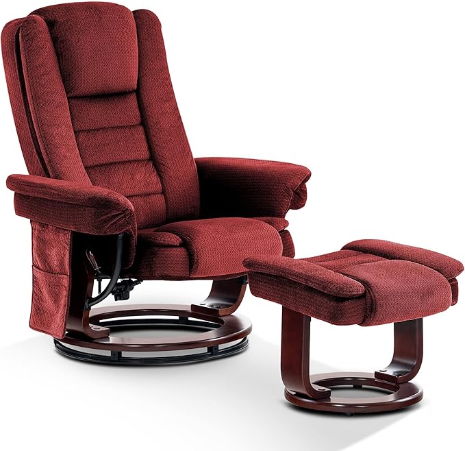MCombo Swivel Recliner with Ottoman Chair TV Chair Sets with Vibration Massage for Small Space Living Room Bedroom 9096 9099 (Textile Burgundy)