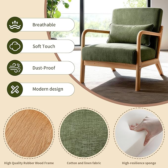 Mid Century Modern Accent Chair with Solid Wood Frame Comfy Reading Lounge Chair with Detachable Lumbar Pillow for Living Room Bedroom Office Vintage Small Wooden Armchair for Waiting Room (Green)