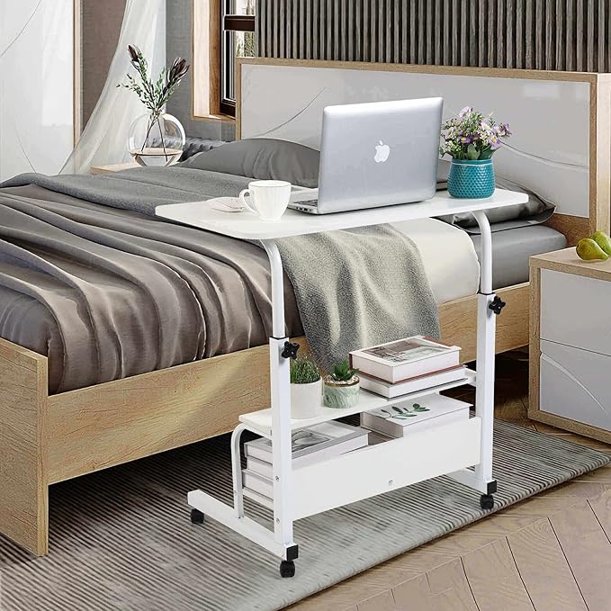 Home Office Desk Movable Bedroom Adjustable Table Modern Laptop Computer for Living Room Couch Portable Small Spaces with Wheels Storage Furniture Study 31.5 * 15.7 White