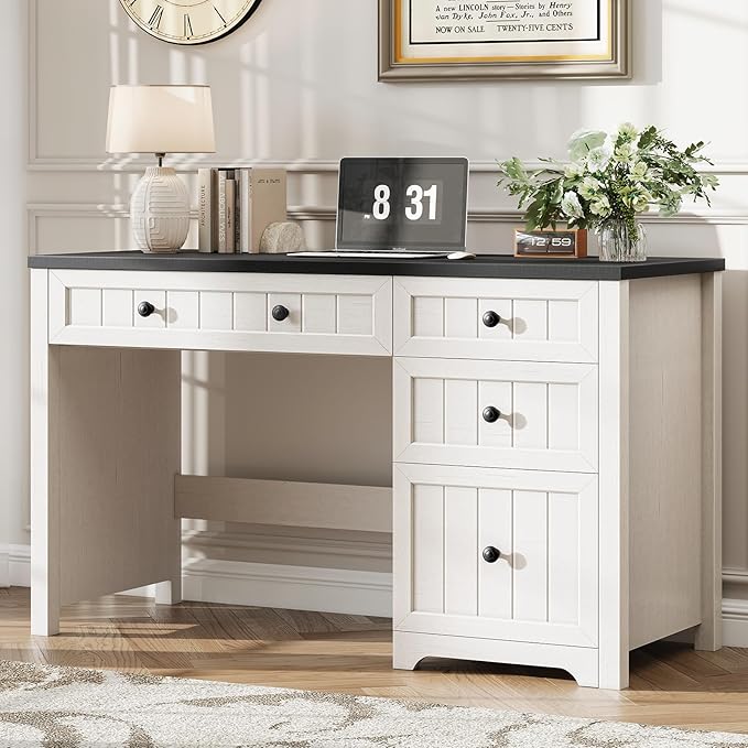 Vabches Farmhouse Executive Desk with 4 Drawers Home Office Desk with File Drawer Wood Computer Desk with Storage Rustic Office Desk for Work Study Writing Black White