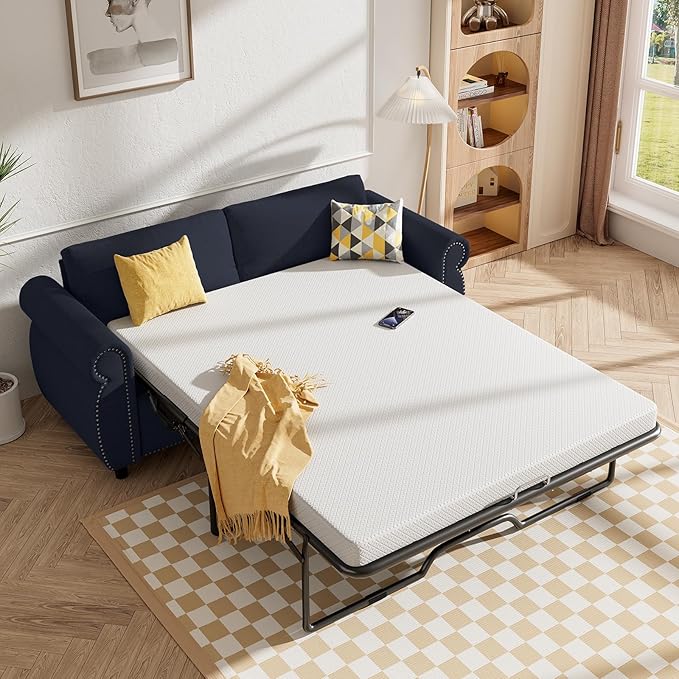 CECER Queen Size Pull Out Sofa Bed 2 in 1 Sleeper Sofa Convertible Couch Bed with Foldable Mattress Pull Out Couch Bed with Upholstered Nailhead for Living Room Apartment-Grey
