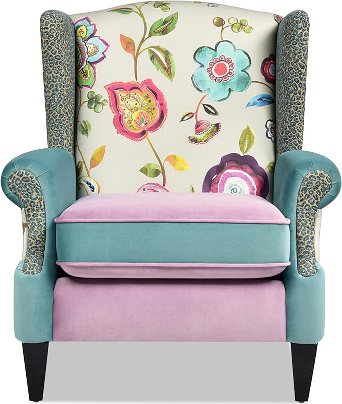 Jennifer Taylor Home Anya Eclectic Floral Patchwork Boho Chic Wingback Large Living Room Lounge Accent Arm Chair