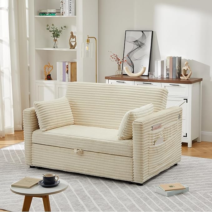 Loveseat Sleeper Sofa Bed 55'' Pull Out Couch with Adjustable Backrest Charging Station and Side Pockets Corduroy Couches for Living Room Bedroom and Apartment White