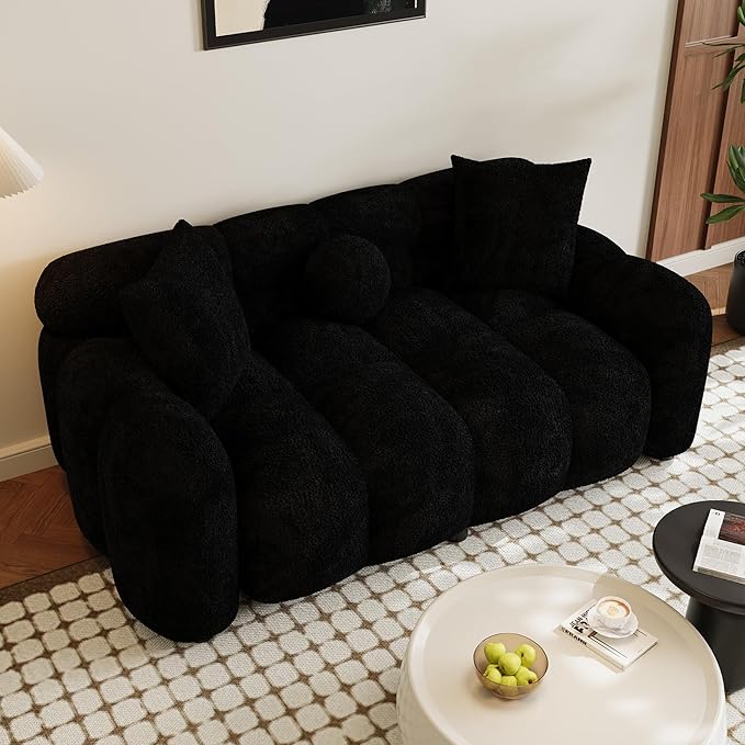 Boucle Sofa Couch 64.7 Modern Tufted Upholstered Teddy 2 Seater Loveseat Sofa with 3 Pillows Comfy Sherpa Deep Seat Cloud Couch Small Love Seat for Living Room Apartment Black