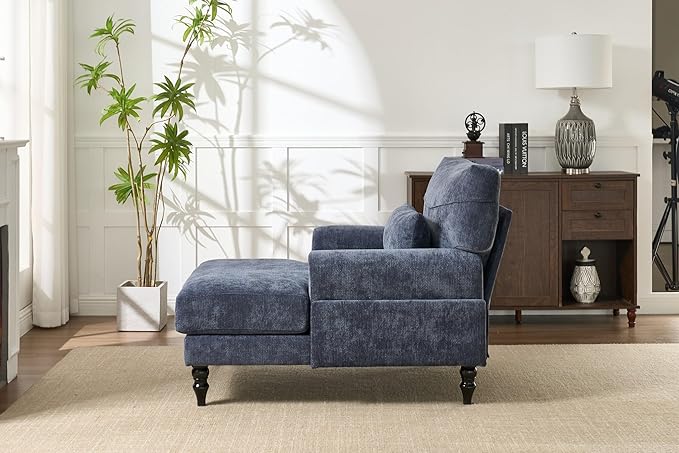 51'' Chaise Lounge Chair Indoor Accent Upholstered Reading Side Armchair Comfy Leisure Sleeper Sofa Chair Chenille Recliner Arm Chairs for Living Room &amp Bedroom Easy Assembly (Blue) | Modern