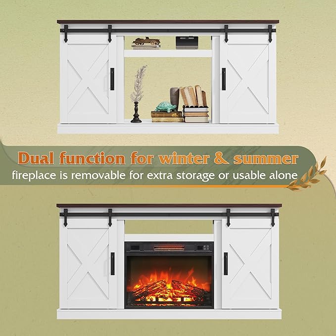 WLIVE Farmhouse Electric Fireplace TV Stand for TVs up to 65 Entertainment Center with Sliding X-Shaped Barn Door &amp Storage Cabinet Media TV Console with 23 Fireplace for All Seasons White