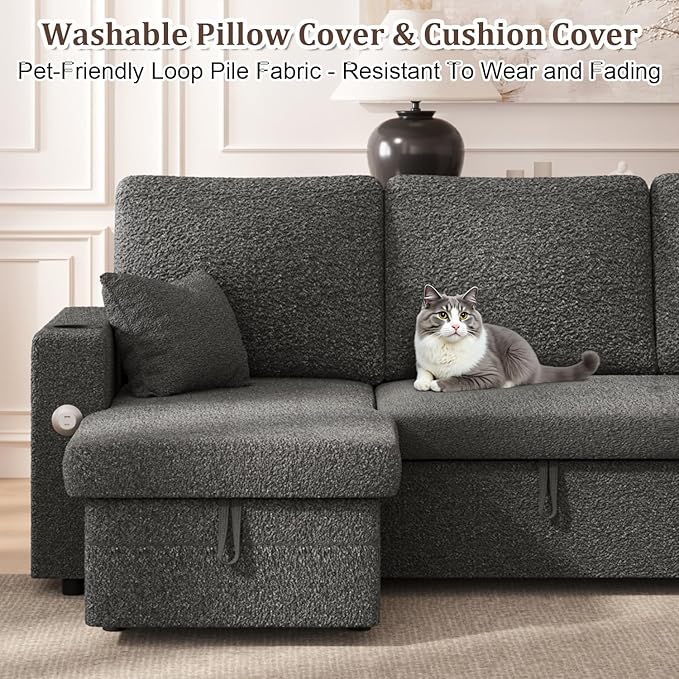 Sleeper Sofa Bed 4-in-1 Pull Out Couch with Reversible Chaise | Dual USB &amp Type-C Charging | Dual Cup Holders | Layered Storage (Armrest + Chaise) for Living Room Apartment Home Office (Dark Gr