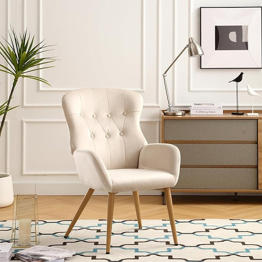 Hengming Accent Chair Modern Tufted Button Wingback Vanity Chair with Arms Upholstered Tall Back Desk Chair with Metal Legs for Living Room Bedroom Waiting Room(Blue)