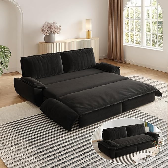 73.2 Queen Size Sofa Bed 3 in 1 Convertible Pull Out Sleeper Sofa with Thicked Cushions and Side Storage Velvet Loveseat Couch for Home Living Room Bedroom Apartment Lounge Small Spaces Black
