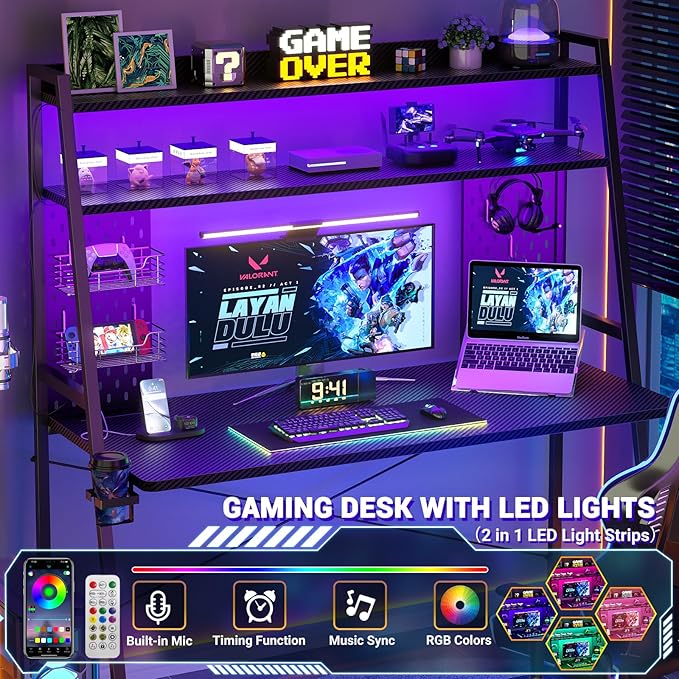 Gaming Desk with Hutch and LED Lights Gaming Computer Desk with Power Outlets Gamer Desk with Storage Shelves PC Game Desks with Pegboards for Bedroom Carbon Fiber Black 49