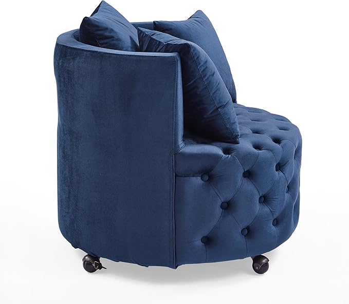 Velvet Upholstered Swivel Chair for Living Room with Button Tufted and Movable Wheels Including 3 Pillows Blue