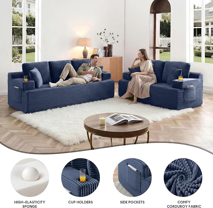 Boneless Sofa Couch Set with Cup Holders &amp Side Pockets Modern Corduroy Fabric Upholstered 3-seat Couch &amp Loveseat Set with 4 Throw Pillows for Living Room Office No Assembly (Blue)