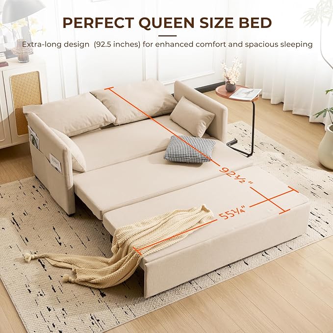 Furnimart 62 Queen Sleeper Sofa 3 in 1 Convertible Loveseat Sleeper Pull Out Sofa Bed with 6-Position Adjustable Backrest Modern Futon Couch for Living Room Apartment RV Linen Beige