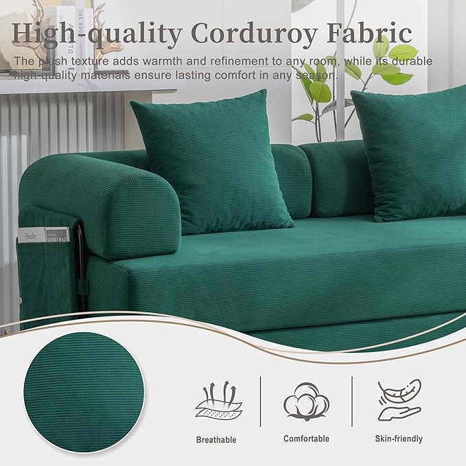 Convertible Sleeper Sofa Bed 78.5 Folding Floor Sofa Mattress Couch with Pillows Corduroy Futon Boneless Couch Lounge Loveseat with Pull Out Bed Emerald Green