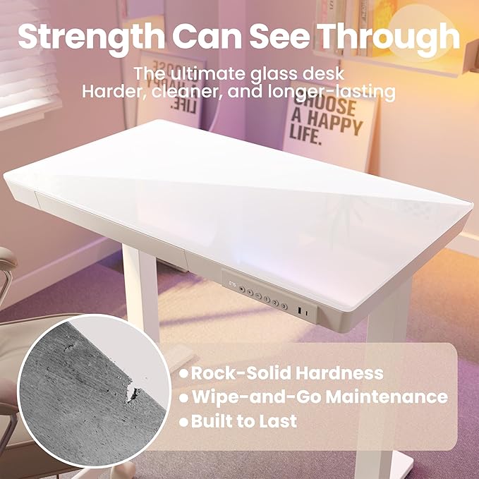 HUANUO Glass Standing Desk with Drawers 48 x 24 Inch Electric Adjustable Height Desk Quick Install One-Piece Tabletop with USB Charging Ports White