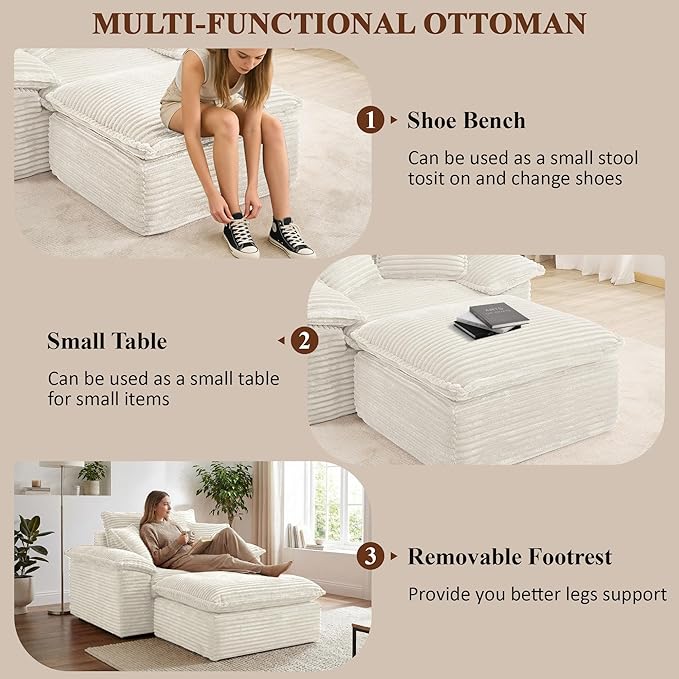Oversized Sofa Chair with Movable 2-Layer Ottoman Corduroy Chaise Lounge Chair with Armrests Pillows Oversized Reading Accent Chairs Couch for Living Room Bedroom No Assembly (White)