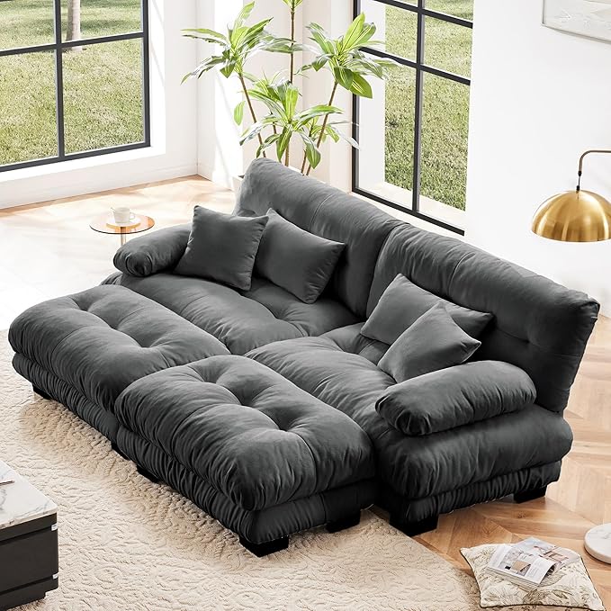 Modular Sectional Sofa Bed Chenille Comfy Cloud Couch with 2 Ottomans Sleeper Daybed with 2 Lumbar Pillows and 2 Throw Pillows Couches for Living Room (Gray 2 Seat + 2 Ottoman)