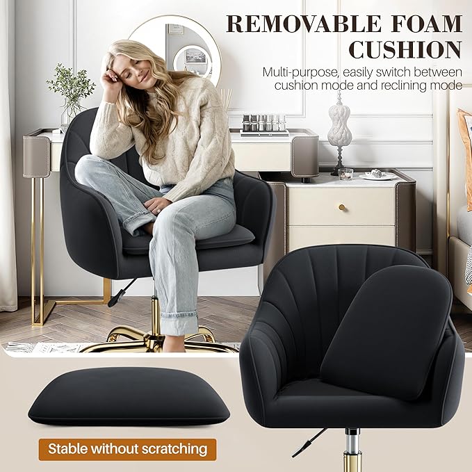 Vanity Chair with Wheels Comfy Home Office Desk Chairs Adjustable Modern Velvet Makeup Vanity Chairs for Bedroom Living Room-Black