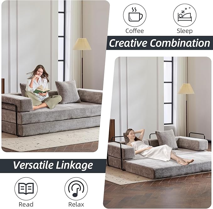 Folding Sofa Bed Convertible Sleeper Sofa Chenille Floor Couch with Pillows Fold Out Couch King Size Bed Futon  Foldable Memory Foam Mattress for Living Room Bedroom Playroom (Light Grey)