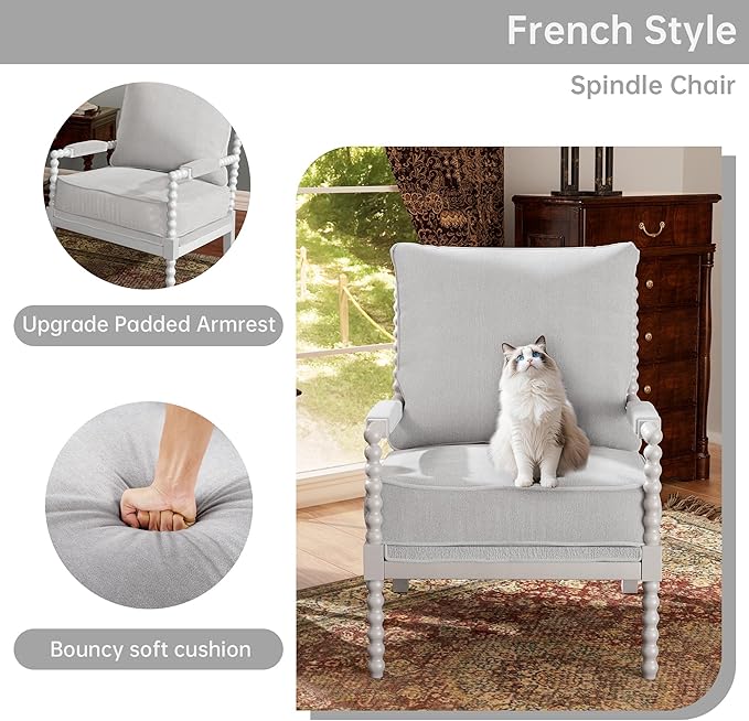 Morden Fort Linen Fabric Spindle Accent Chair with Wood Frame French Style Accent Chairs with Padded Spring Seat and Armrest Pads Brushed Base for Living Room Bedroom Farmhouse Office Balcony