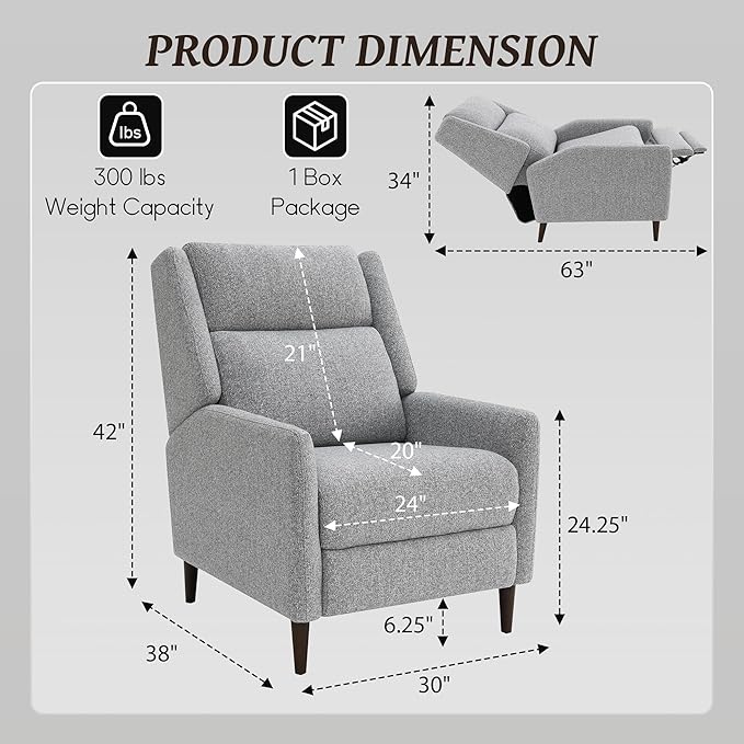 leovanni Push Back Recliner Chair Fabric Upholstered Recliner with Adjustable Backrest and Footrest Modern Comfy Reclining for Living Room Bedroom Small Spaces Gray