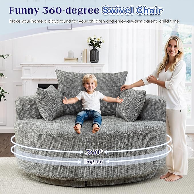 Oversized Round Swivel Chaise Longue Chair Indoor Modern 55-inch 360 Degree Swivel Upholstered Waffle Chenille Deep Seat Circle Single Cloud Sofa Chair for Living Room Bedroom Apartment Office Grey
