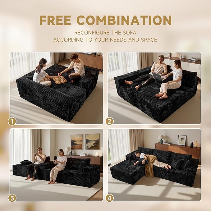108 Modular Cloud Sofa High-Density Foam Sectional Couch Oversized Convertible L-Shaped Sofa Bed with Plush Fabric Deep Seats Wide Armrests Boneless Couches for Living Room Black