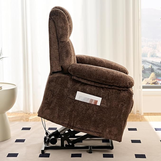 PUREMIND Power Lift Recliner Chair for Elderly Dual Motor Electric Recliner with Massage and Heat Ergonomic Massage Chairs with Side Pocket &amp Remote - Velvet Fabric Strong Support Brown
