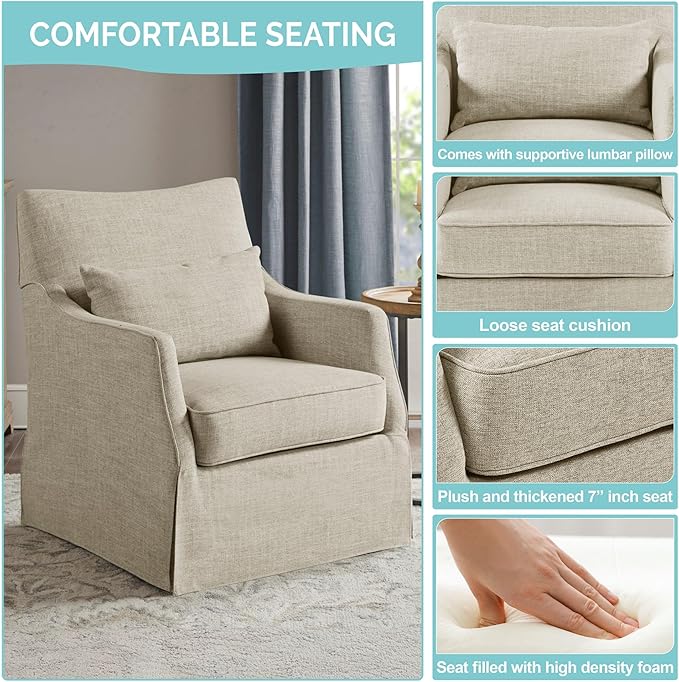 Martha Stewart London Swivel Chair - Solid Wood &amp Plywood Skirted Metal Base Accent Armchair Lumbar Pillow -Modern Classic Family Room Sofa Furniture Bedroom Lounge 28X31.5X35.25 Beige Mult