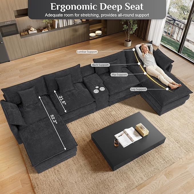 145 Oversized Modular Sectional Sofa U Shaped Cloud Couch 6 Seat Sofa Set for Living Room Comfy Chenille Deep Seat with Storage Central Console Movable Ottomans Cup Holders USB Ports Black Grey
