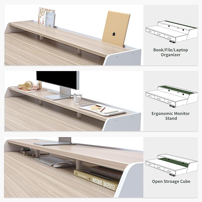 CubiCubi Standing Desk 55x26 Inches with 3 Wood Drawers and Monitor Shelf Ergonomic Rising Home Office Desks Height Adjustable Computer Desk Sit Stand Up Electric Workstation Table Pale Walnut