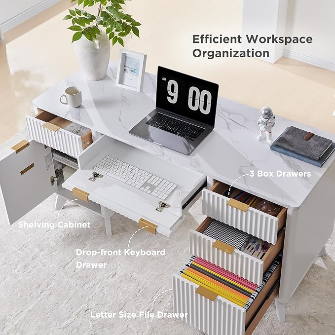 T4TREAM 60'' Fluted Executive Desk with Drawers Modern Home Office Computer Desk with Charging Station Keyboard Tray File Drawer and Storage Cabinet for Study Living Room Bedroom Solid White