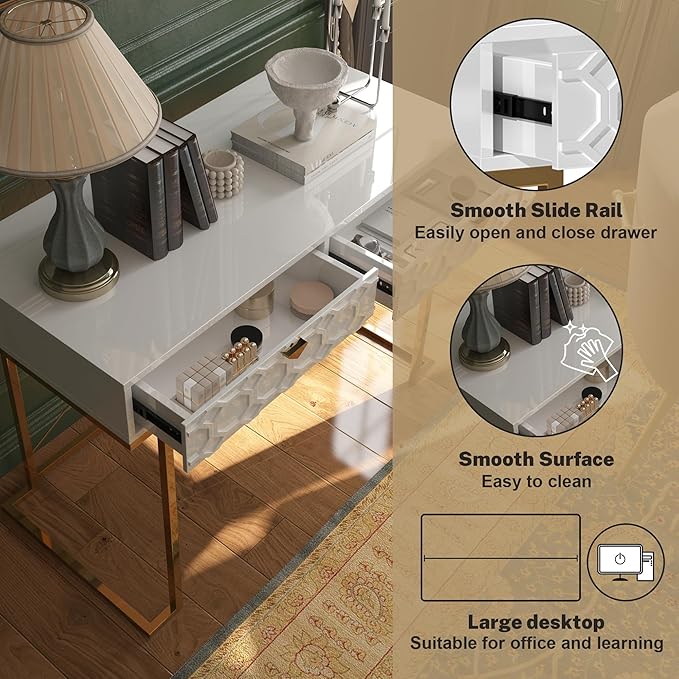 Clihome Console Table with 2 Drawers 42'' Entryway Table with Storage Desktop Sofa Table Hallway with Golden Legs and X-Shaped Bracket