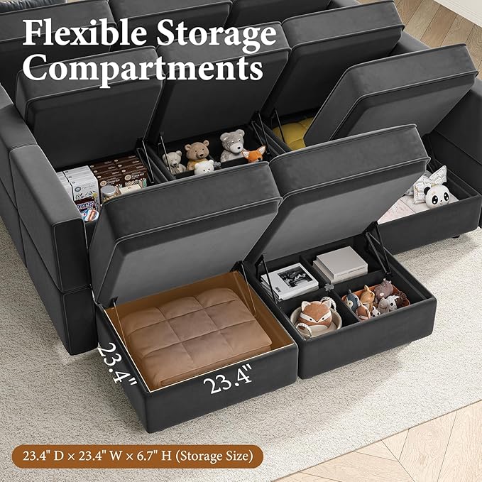 Vesgantti Sectional Couches with Storage Seats 118 L Shaped Convertible Modular Sectional Sofa 4 Seat &amp 2 Ottomans Velvet Storage Chaises Deep Seat Couch for Living Room Bedroom Apartment Gr
