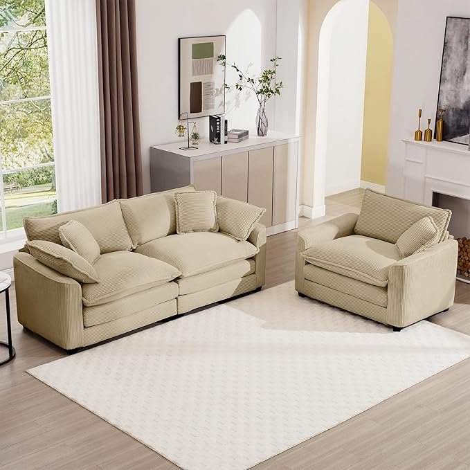 mikibama Luxury 2 Piece Sofa Set Loveseat Couch &amp Sofa Armchair Set Modern Corduroy Comfy Cloud Couches Set for Living Room Office with 2 Armrest Pillows and 3 Toss Pillows Camel