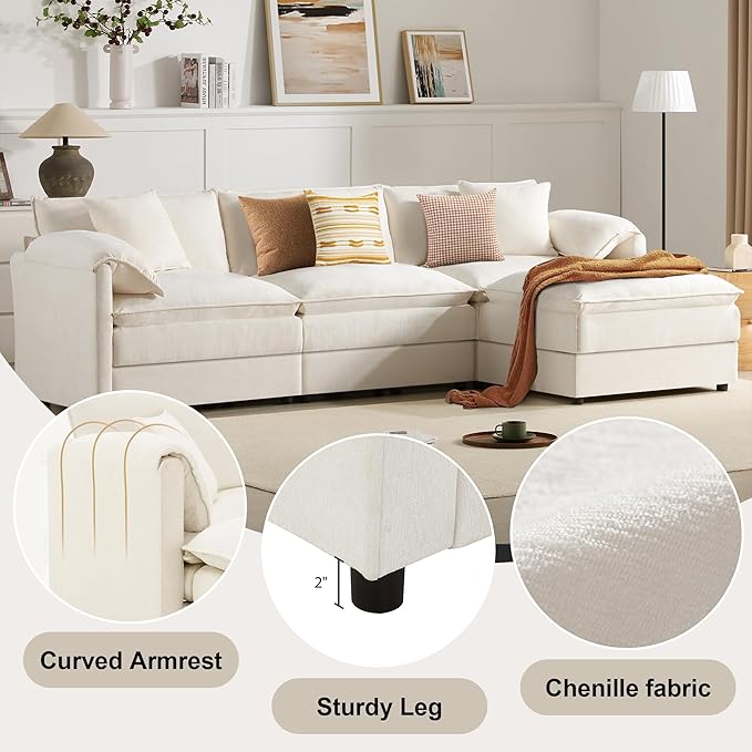 103.5 L Shaped Modern Cloud Sofa Modular Sectional Couch with Ottoman 4-Seat Chenille Deep Seat Sofa with Pillow for Living Room Bedroom and Apartment White