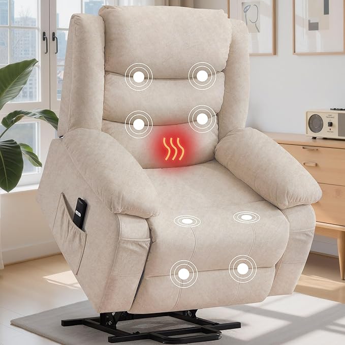 Oversized Power Lift Recliner for Elderly Extra Wide Electric Recliner Chairs with Massage and Heat Reclining Chair with Side Pockets Recliner for Living Room (Imitation Cashmere Khaki)