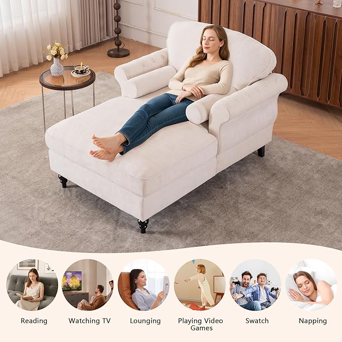 Setawix Chenille Upholstered Chaise Lounger Sleeper Sofa ChairOversized Chaise Lounge Chair Indoor with Rolled ArmsMid Century Modern Lounger Couch for Living Room Bedroom (Beige 43.3 W)
