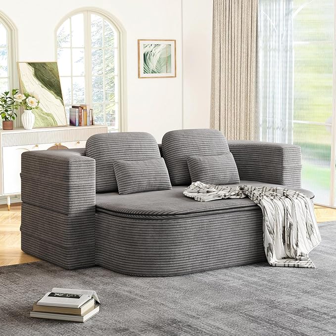Antetek Convertible Sleeper Sofa Modern Folding Futon Corduroy Floor Foam Compression Loveseat Sofa Bed Couch Foldable Full Size Guest Bed with 4 Pillows for Living Room Bedroom Apartment Grey