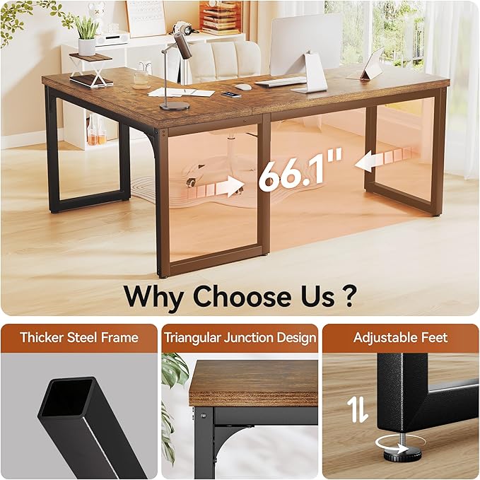L Shaped Desk 66 Inch Gaming Desk with 1.18 Inch Thicker Desktop Corner Computer Desk Home Office Desk Study Writing Work Desk Metal Frame Rustic Brown