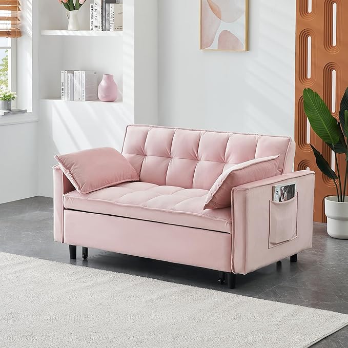 55 Modern Velvet Loveseat Sleeper Sofa 3-in-1 Convertible Pull-Out Bed with Adjustable Backrest 2 Pillows &amp Side Pockets Small Pull Out Couch for Living Room Apartment(Pink)