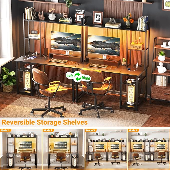 Cyclysio Gaming Desk with Hutch 39'' Computer Desk with LED Lights &amp Power Outlets Home Office Desk with Reversible 5 Tiers Storage Shelves &amp Monitor Stand Small Gaming Table for Small Spac