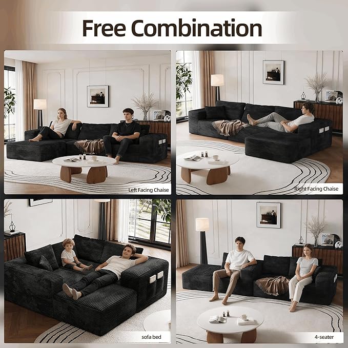 Boneless Sectional Couch Black L Shape Sofa Ottoman with Recliner Bed Memory Foam Modular Cloud No Bones in a Box Boundless Comfort for Living Room Compression Corduroy Fabric Deep Seat Easy Assembly
