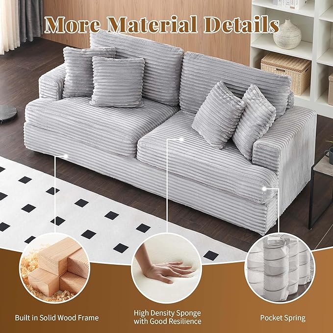 Modern Cloud Couch 3-Seater with 4 Matching Toss Pillows 88.58 Soft Corduroy Sofa with Deep Seat for Small Spaces Living Room Apartment(Grey)