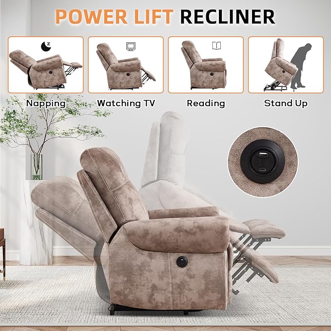 CANMOV Power Lift Recliner Chair with Massage and Heat Soft Fabric Massage Recliner for Elderly Overstuffed Single Reclining Sofa Vintage Rivet Mid-Century Design for Living Room Brown