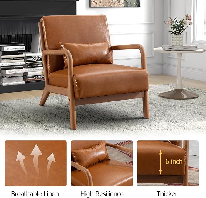 Phoenix Home Upholstered Mid Century Modern Accent Chair Set of 2 Lounge Fabric Living Room Chairs with Solid Wood Frame and Waist Cushion Reading Armchair for Bedroom Brown