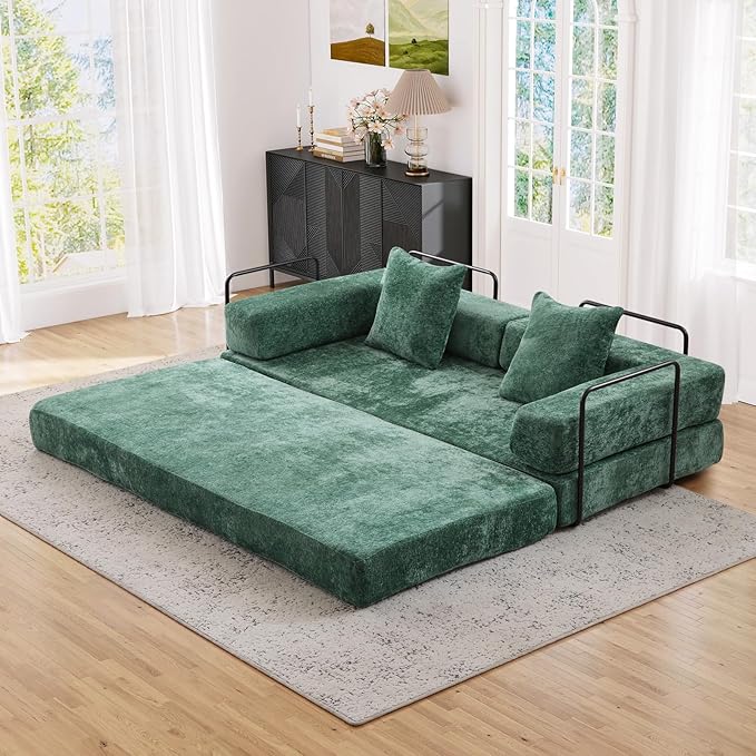 Antetek Modular Futon Sofa Bed Convertible Folding Chenille Comfy Memory Foam Floor 3 Seater Loveseat Sleeper Sofa Couch Bed Chaise Lounge with 2 Pillows for Guest Room Living Room Office Green