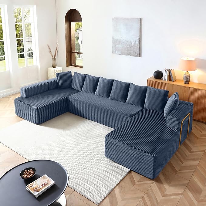 145 inch Modern Sectional Couch for Living Room Oversized Cloud Boneless Couch with Freely Movable Armrest and Fixed-Shape Frame Blue Modular Sofa U Shape Couches | No Assembly Required Free Combin