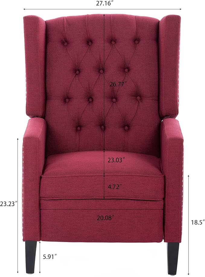 Pushback Recliner ChairComfy Wingback Recliner Sofa Chair with Adjustable BackrestTufted Fabric Accent Armchair with Vintage Rivets Trim for Living Room Office Home Theater (Wine Red-New)